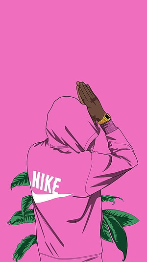 Pink Nike Hoodie Illustration With Tropical Leaves And Gold Watch HD phone wallpaper