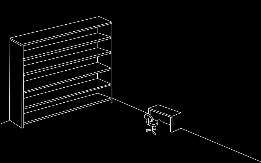 Minimalist isometric line art of an empty office with desk, chair, and shelving unit on black background HD wallpaper