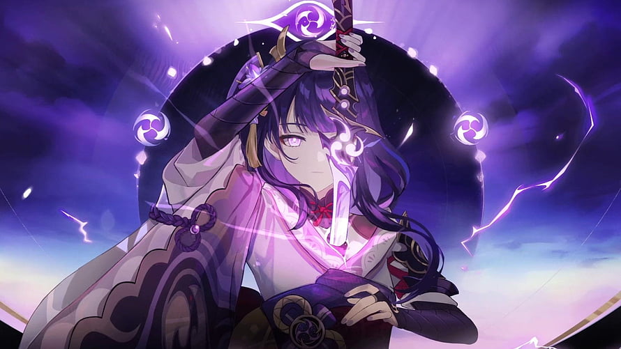 Raiden Shogun from Genshin Impact wielding her sword with purple lightning effects HD wallpaper
