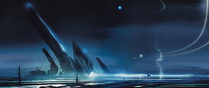 Futuristic Sci-Fi Cityscape with Sleek Spaceships and Neon Blue Lighting HD wallpaper