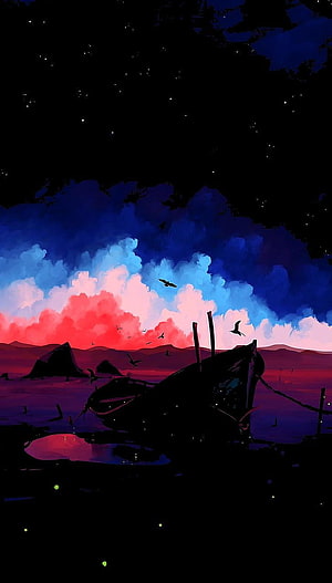 Dark Digital Art of a Wrecked Ship at Dusk with Vibrant Sunset Clouds and Starry Night Sky HD phone wallpaper