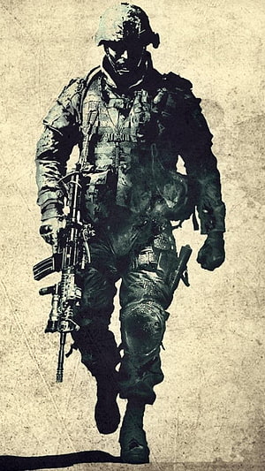 Full Gear Soldier with Tactical Rifle and Combat Vest in Grayscale Illustration HD phone wallpaper