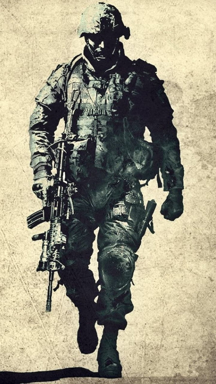 Full Gear Soldier with Tactical Rifle and Combat Vest in Grayscale Illustration HD phone wallpaper