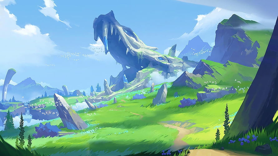 Inazuma Scenery in Genshin Impact: Vibrant Green Hills and Ancient Stone Monoliths HD wallpaper