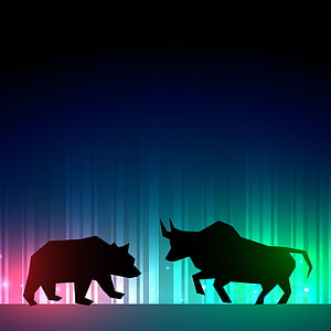 Bear and Bull Silhouettes Confronting Against Neon Gradient Background HD phone wallpaper