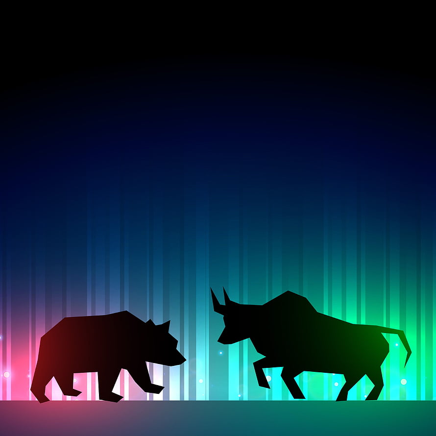 Bull and Bear Market Silhouettes Against Neon Gradient Background HD phone wallpaper