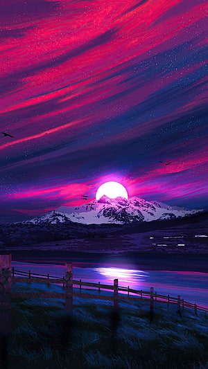 Vibrant Aurora Sky Over Snowy Mountain and Lake at Night HD phone wallpaper