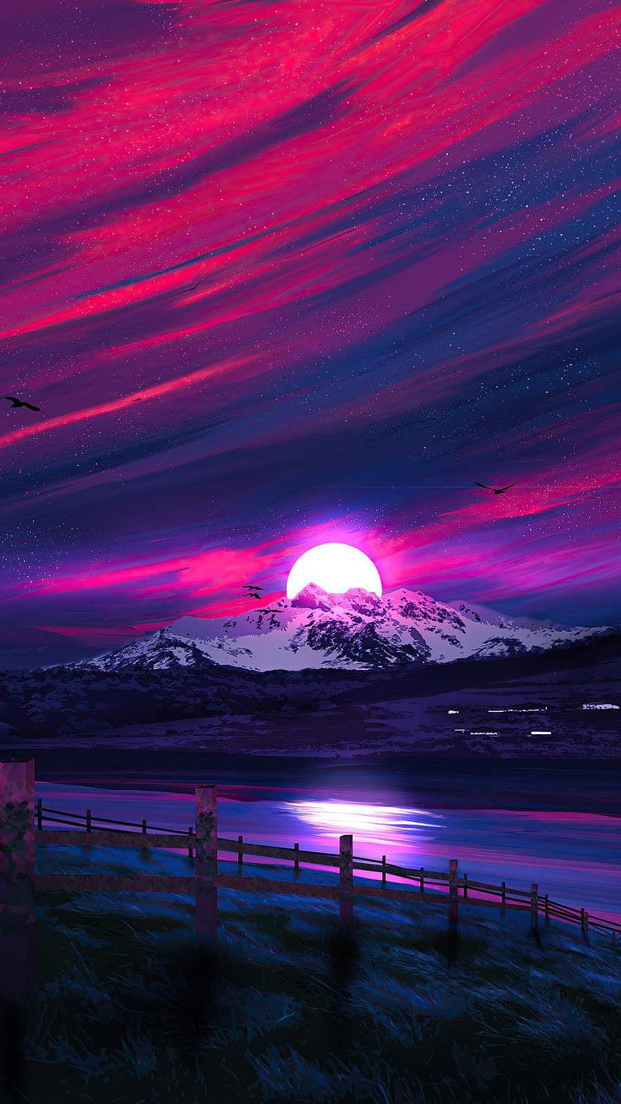 Vibrant Aurora Sky Over Snowy Mountain and Lake at Night HD phone wallpaper