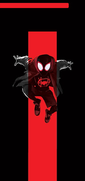 Miles Morales Spider-Man in Black Suit Leaping Against Red and Black Background, Spiderman Amoled For Android, super amoled spider man HD phone wallpaper