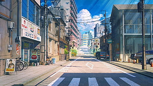 Sunny Japanese Street Scene With Convenience Store And Crosswalk HD wallpaper