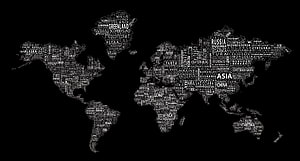 Typographic World Map with City Names on Black Background HD wallpaper