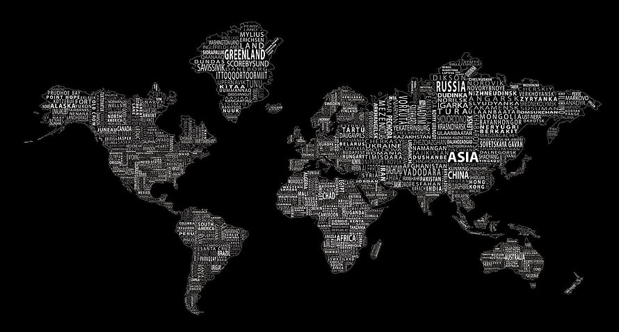 Typographic World Map with City Names on Black Background HD wallpaper
