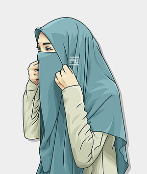 Digital illustration of a woman adjusting a teal hijab with a cream blouse HD phone wallpaper