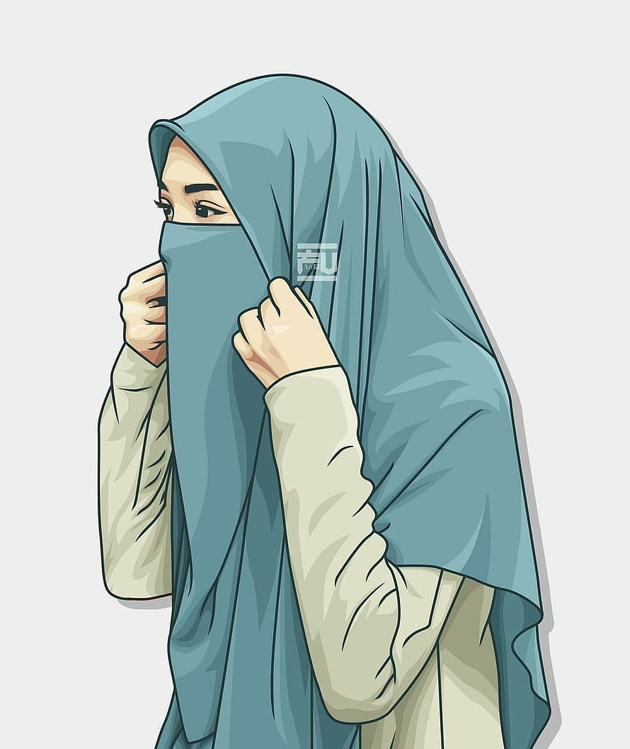 Digital illustration of a woman adjusting a teal hijab with a cream blouse HD phone wallpaper