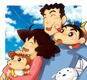 Crayon Shin-chan Family Portrait with Shinnosuke, Misae, Hiroshi, and Himawari Under a Blue Sky HD wallpaper