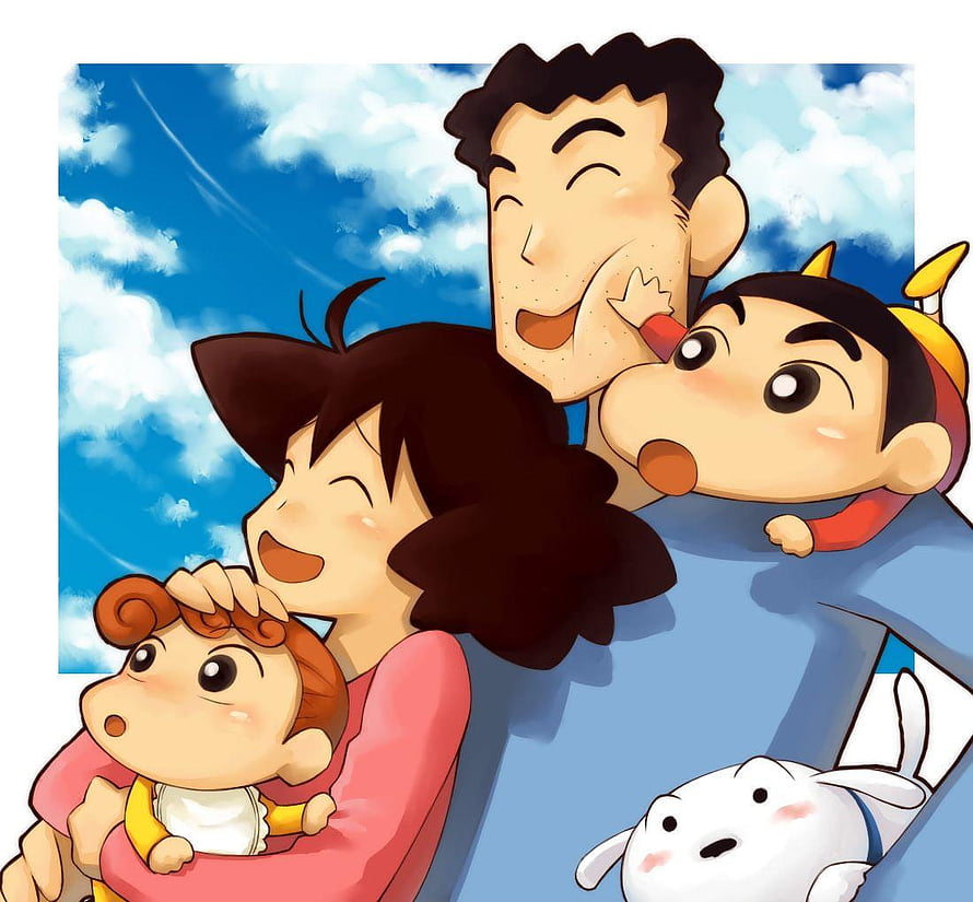 Crayon Shin-chan Family Portrait with Shinnosuke, Misae, Hiroshi, and Himawari Under a Blue Sky HD wallpaper