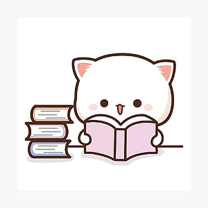 Cute Mochi Cat Reading a Book with Stacked Volumes in Soft Pastel Illustration HD phone wallpaper