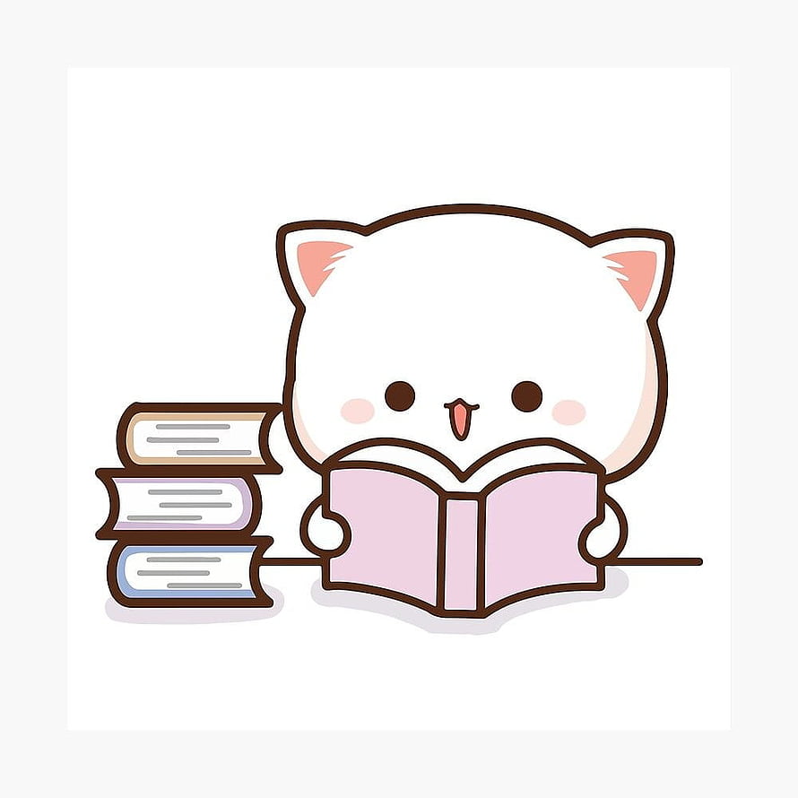 Cute Mochi Cat Reading a Book with Stacked Volumes in Soft Pastel Illustration HD phone wallpaper