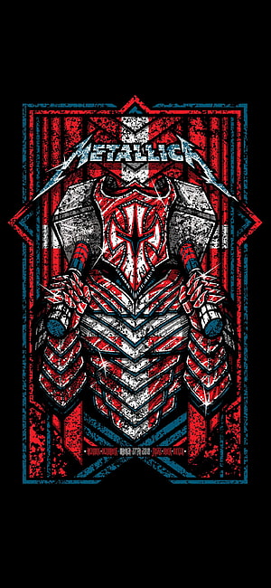 Metallica Concert Poster Featuring Armored Warrior in Red and Blue Grunge Style HD phone wallpaper