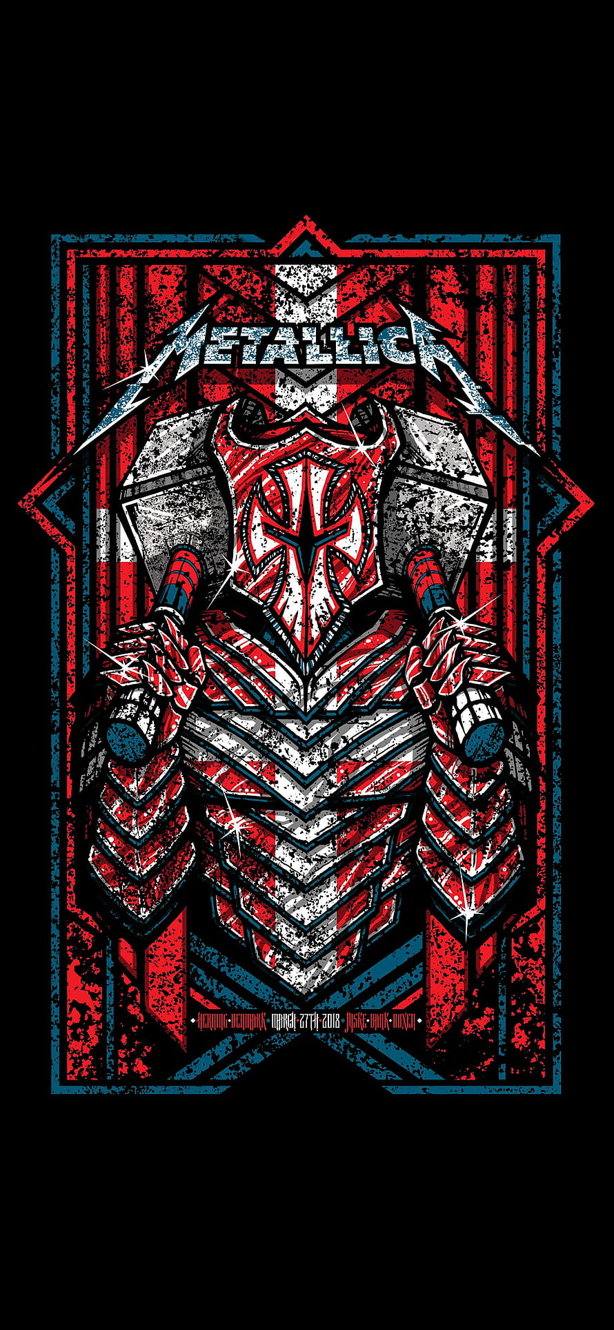 Metallica Concert Poster Featuring Armored Warrior in Red and Blue Grunge Style HD phone wallpaper