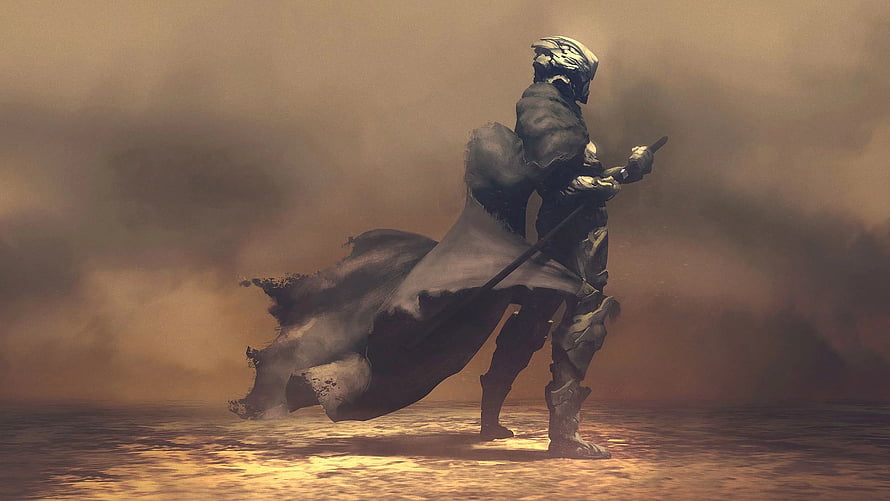 Armored Knight Standing in Misty Desert Landscape with Tattered Cloak HD wallpaper