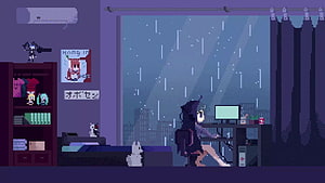 Cozy Pixel Art Bedroom Scene With Rainy Night City View HD wallpaper
