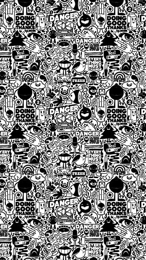Monochrome Doodle Pattern with Hand Drawn Icons and Bold Typography HD phone wallpaper