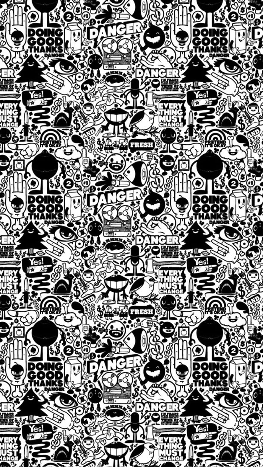 Monochrome Doodle Pattern with Hand Drawn Icons and Bold Typography HD phone wallpaper