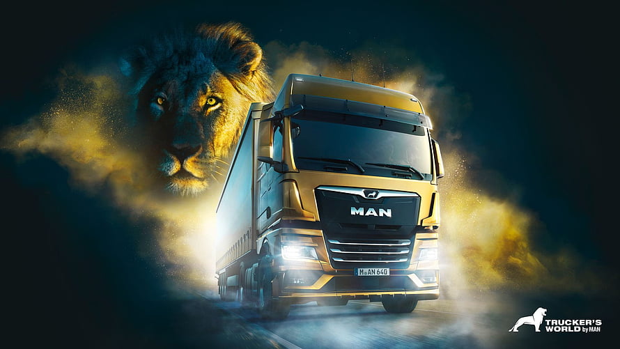 MAN TGX Heavy Duty Truck with Dramatic Lion Graphic and Golden Smoke Effect HD wallpaper