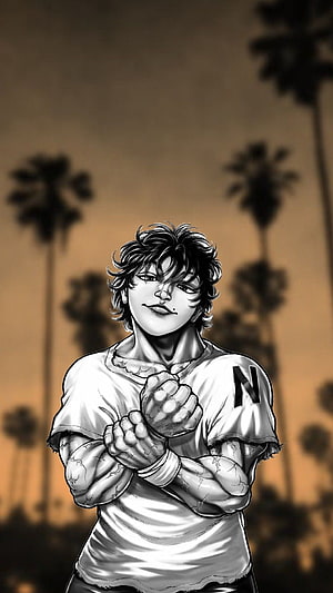 Baki Hanma Anime Character Illustration with Tattered Shirt and Palm Trees HD phone wallpaper