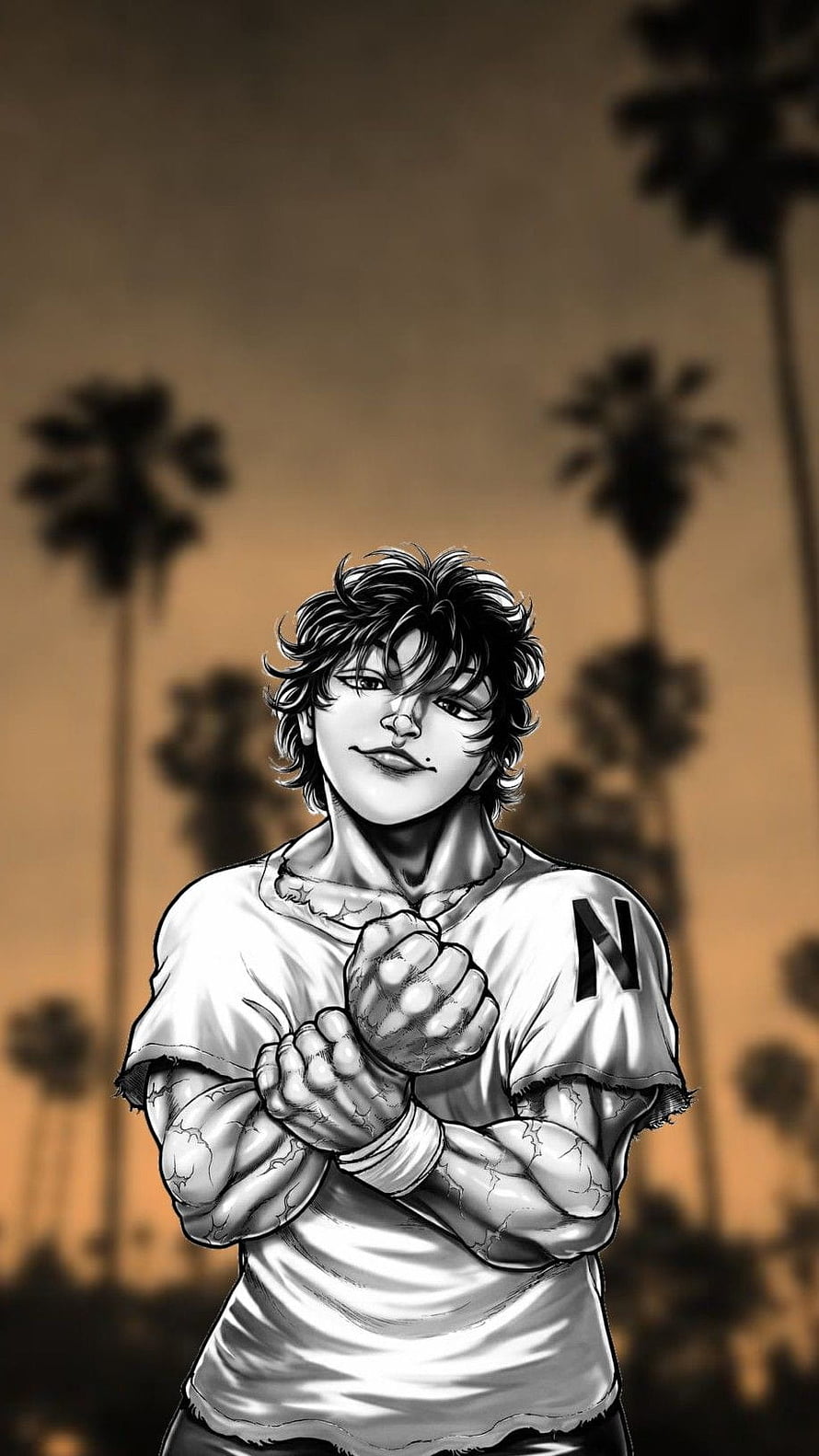 Baki Hanma Anime Character Illustration with Tattered Shirt and Palm Trees HD phone wallpaper