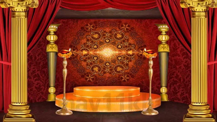 Golden Stage with Red Curtains and Diya Lamps for Hindu Festival Background HD wallpaper