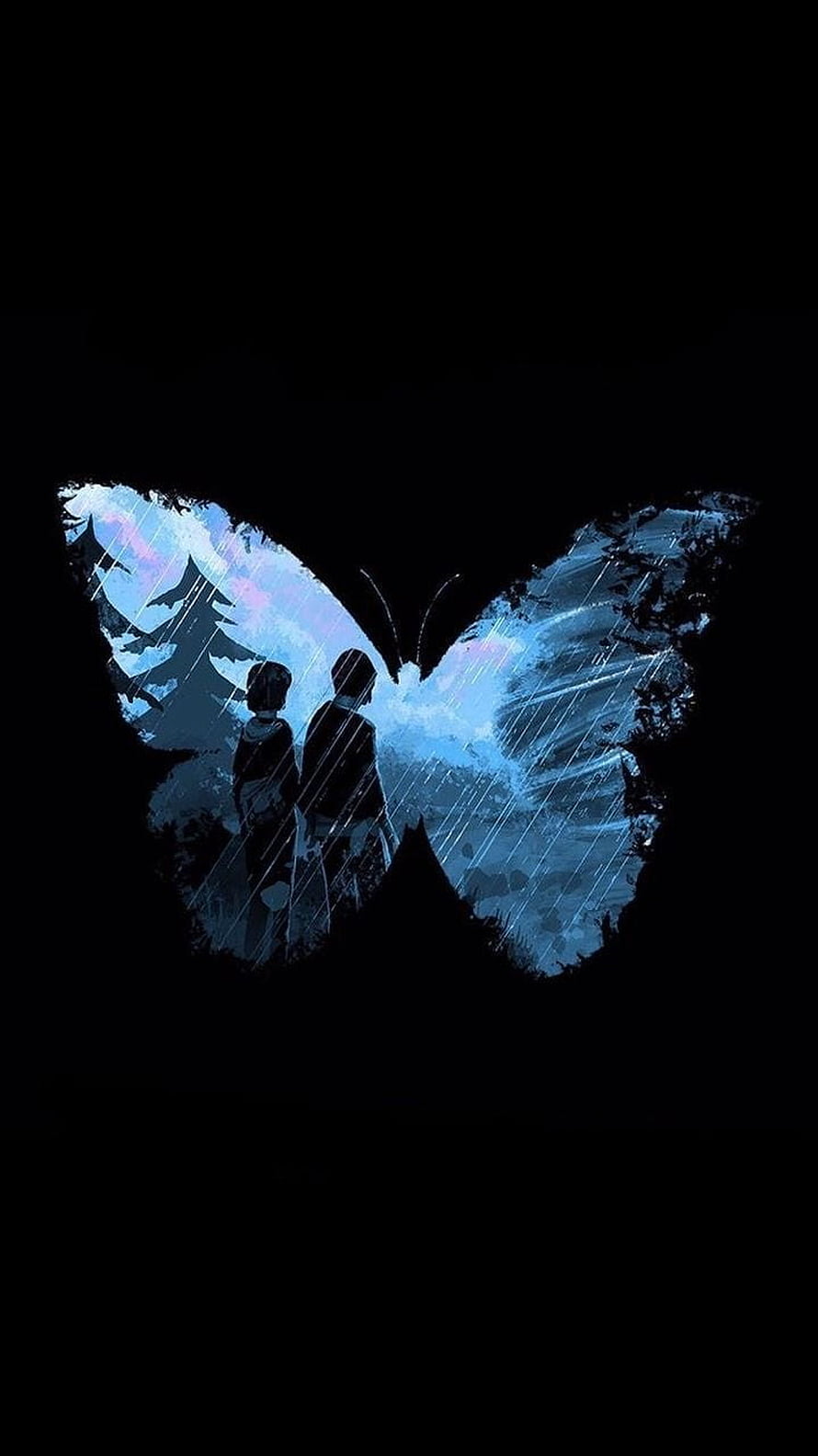 Life Is Strange Butterfly Silhouette Artwork with Rain and Pine Trees HD phone wallpaper