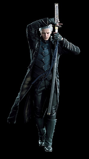 Vergil from Devil May Cry 5 in a black coat holding a katana against a dark background HD phone wallpaper