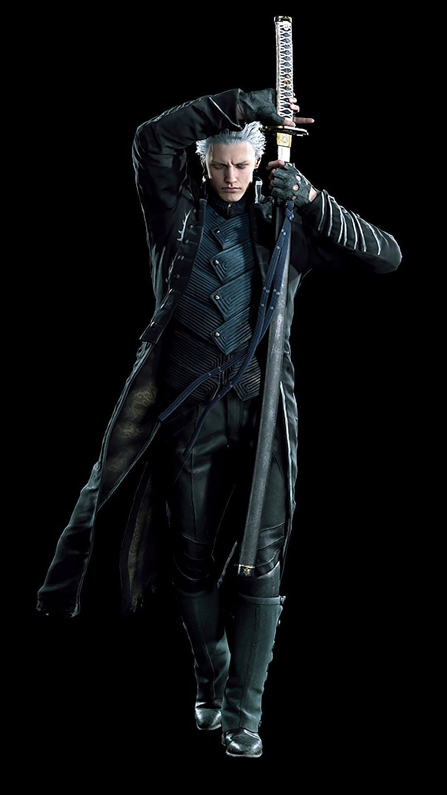Vergil from Devil May Cry 5 in a black coat holding a katana against a dark background HD phone wallpaper