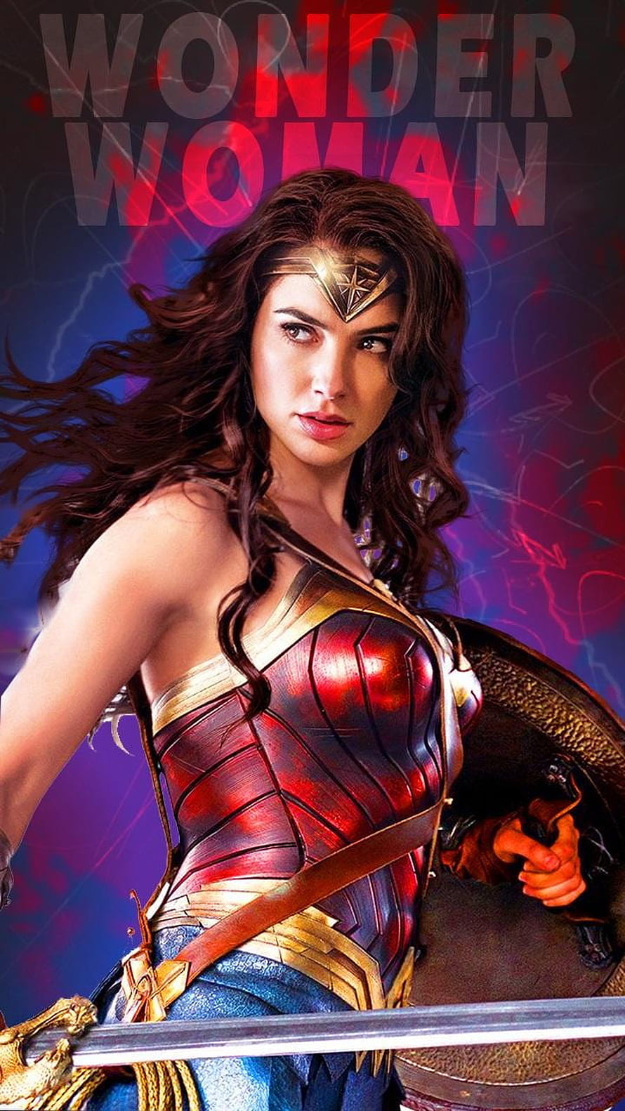 Wonder Woman Gal Gadot in Red Armor Holding Shield and Sword with Dramatic Background HD phone wallpaper