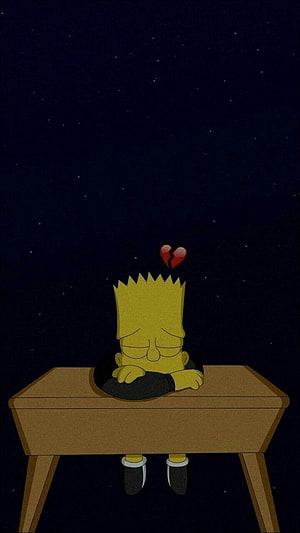 Bart Simpson Sitting at Desk with Broken Heart Against Starry Night Sky HD phone wallpaper