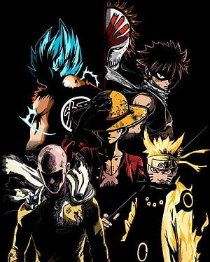 Naruto, Luffy, and Goku Anime Character Group Illustration HD phone wallpaper
