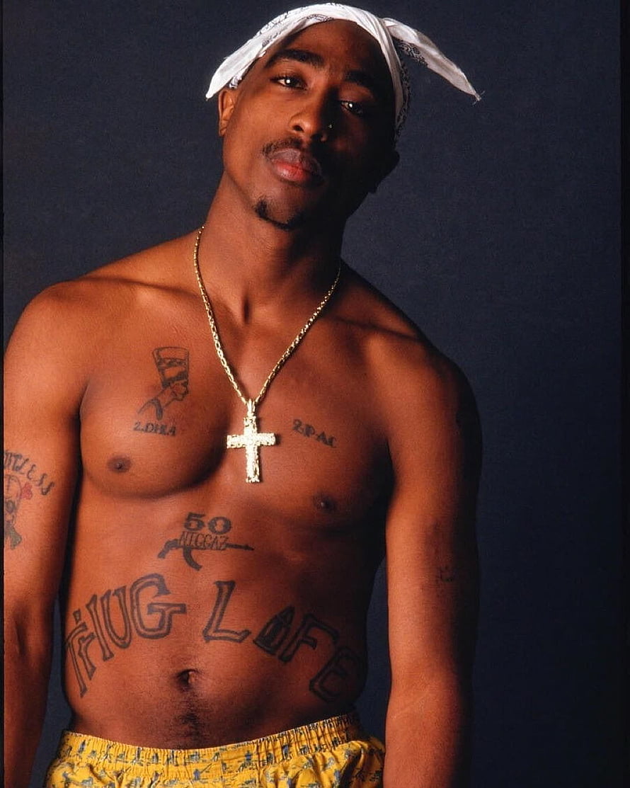 Tupac Shakur Portrait With Thug Life Tattoo And Gold Cross Necklace HD phone wallpaper