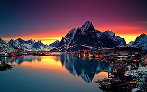 Reine Village Sunset Reflection in Norway Fjord with Snowy Mountains HD wallpaper