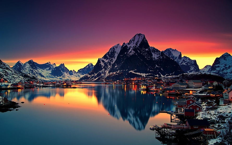 Reine Village Sunset Reflection in Norway Fjord with Snowy Mountains HD wallpaper