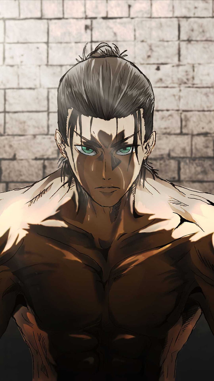 Eren Yeager Long Hair Anime Portrait with Intense Green Eyes and Muscular Build HD phone wallpaper
