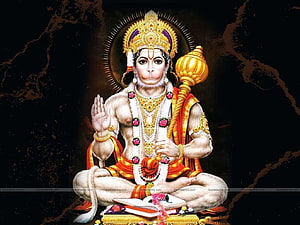 Hanuman God in Meditative Pose with Gada and Sacred Text on Dark Background, Hanuman God , & Backgrounds Hanuman, #hanuman HD wallpaper