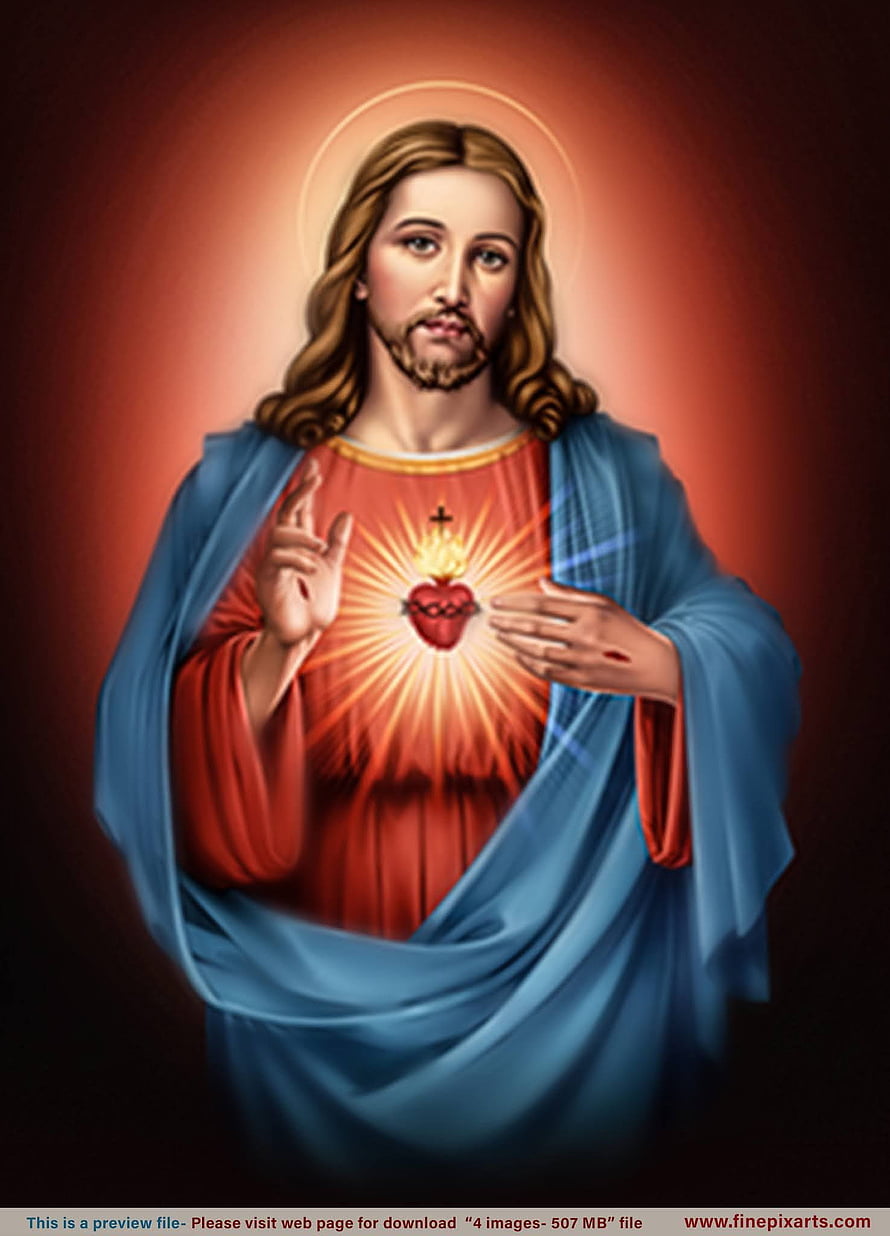 Sacred Heart of Jesus Religious Icon with Radiant Flame and Blue Mantle HD phone wallpaper