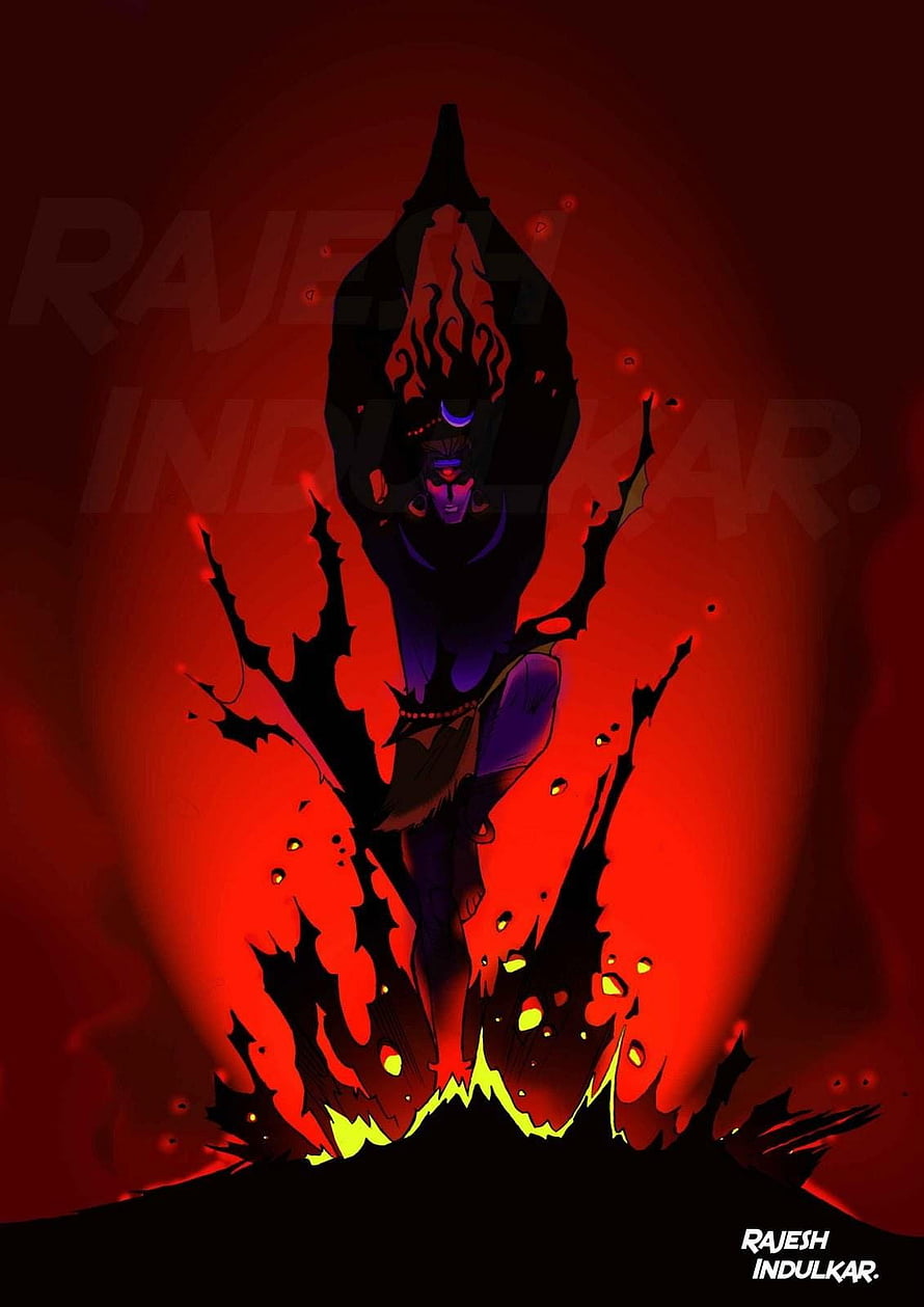 Lord Shiva Rudra Avatar Digital Art with Fiery Red Energy and Dark Silhouette HD phone wallpaper