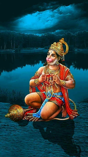 Lord Hanuman Kneeling by a Serene Lake at Night with Golden Mace and Ornate Crown, Lord Hanuman for Android, animated hanuman HD phone wallpaper