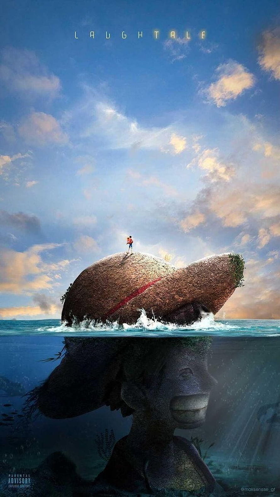 One Piece Laughtale Concept Art: Giant Submerged Face and Tiny Figure on Ocean Rock HD phone wallpaper