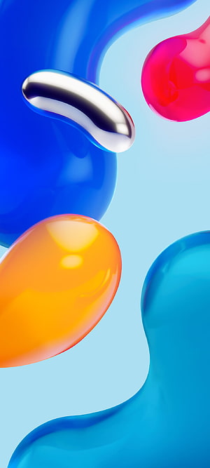 Vibrant 3D Abstract Shapes with Glossy Metallic and Liquid Forms on Light Blue Background HD phone wallpaper