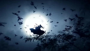 Mo Dao Zu Shi Silhouette Perched on Branch Under Full Moon with Swirling Bats HD wallpaper