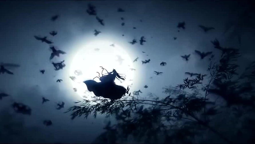 Mo Dao Zu Shi Silhouette Perched on Branch Under Full Moon with Swirling Bats HD wallpaper